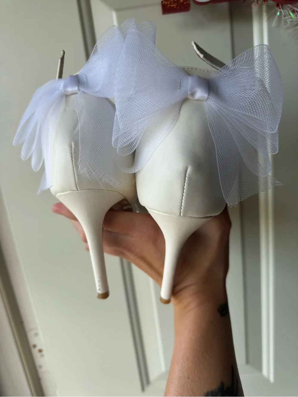 White Ankle-Strap Heels with Bridal Bow 7.5